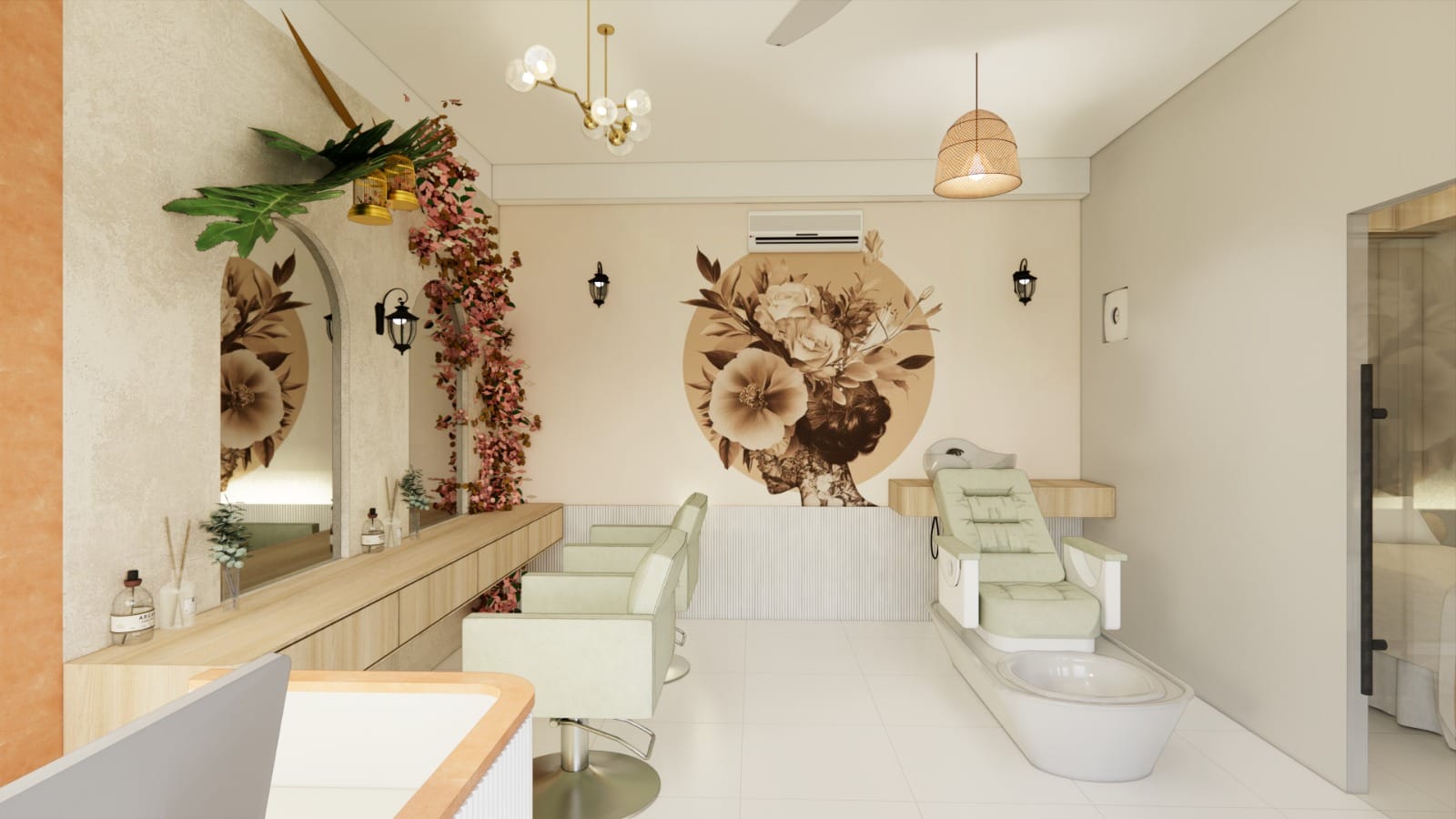 3D design render of salon pedicure and main station area