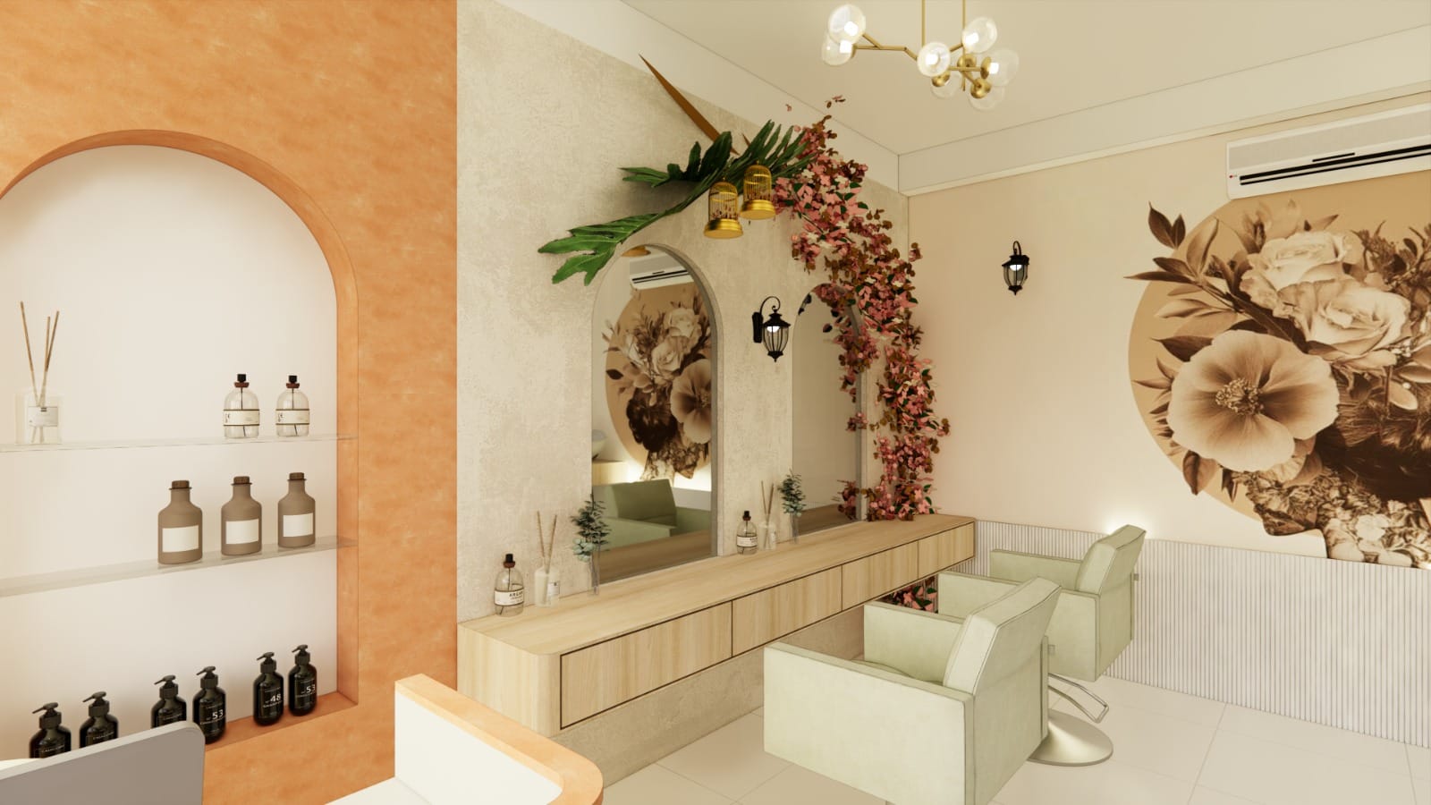 3D render of salon station and reception combined view