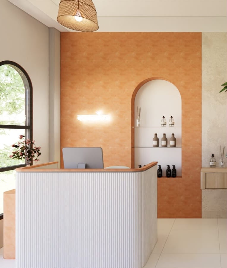3D render of salon reception interior design by AKSH HABITAT